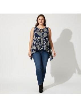 Women Plus SJS Navy Paisley Print Sleeveless Tie Neck Top Size 1X